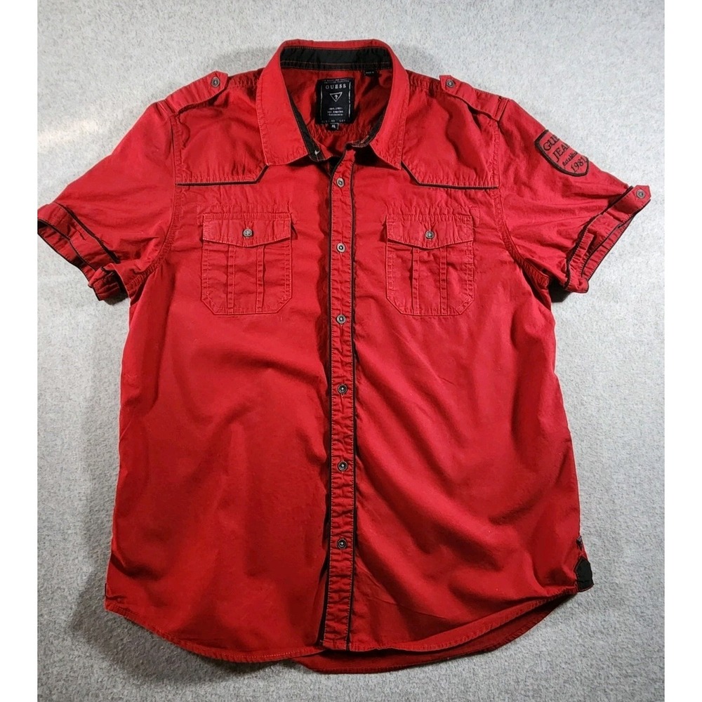 Guess Men's Button Up Shirt, Tag Says XL But Fits Like S/M, Red, Short Sleeve